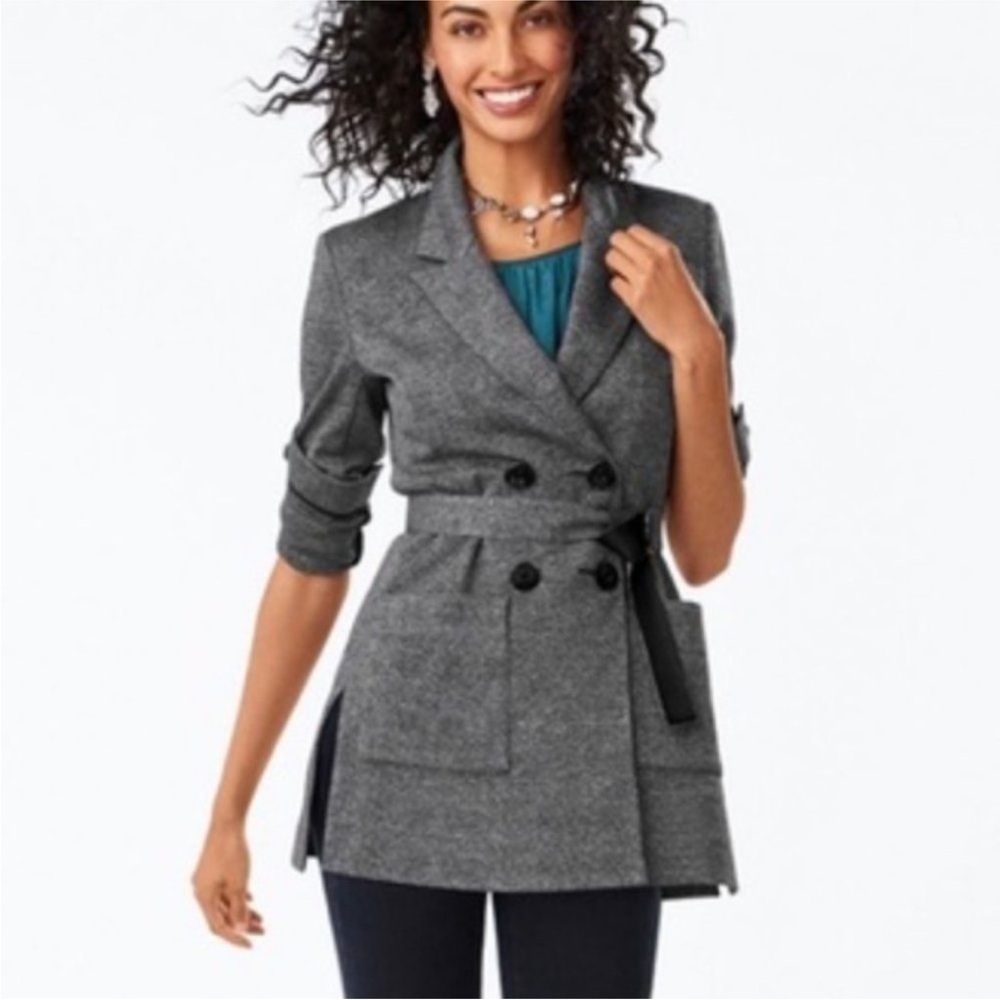 CAbi Bond Blazer Gray Glen Plaid Double Breasted w/ Belt Size Medium Academia